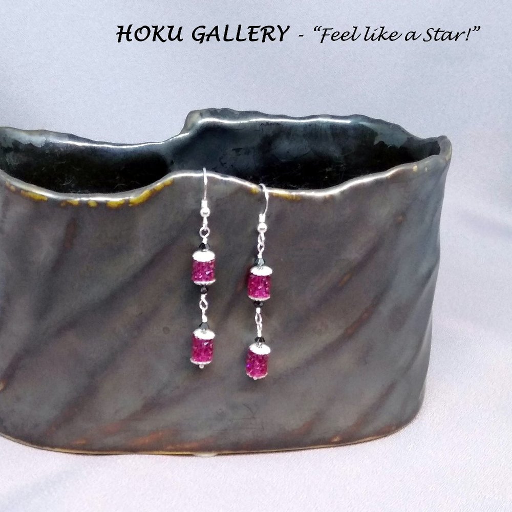 NWOT Fuchsia Swarovski Crystal Fine Rocks Earrings, Handcrafted - 2 1/4" Long